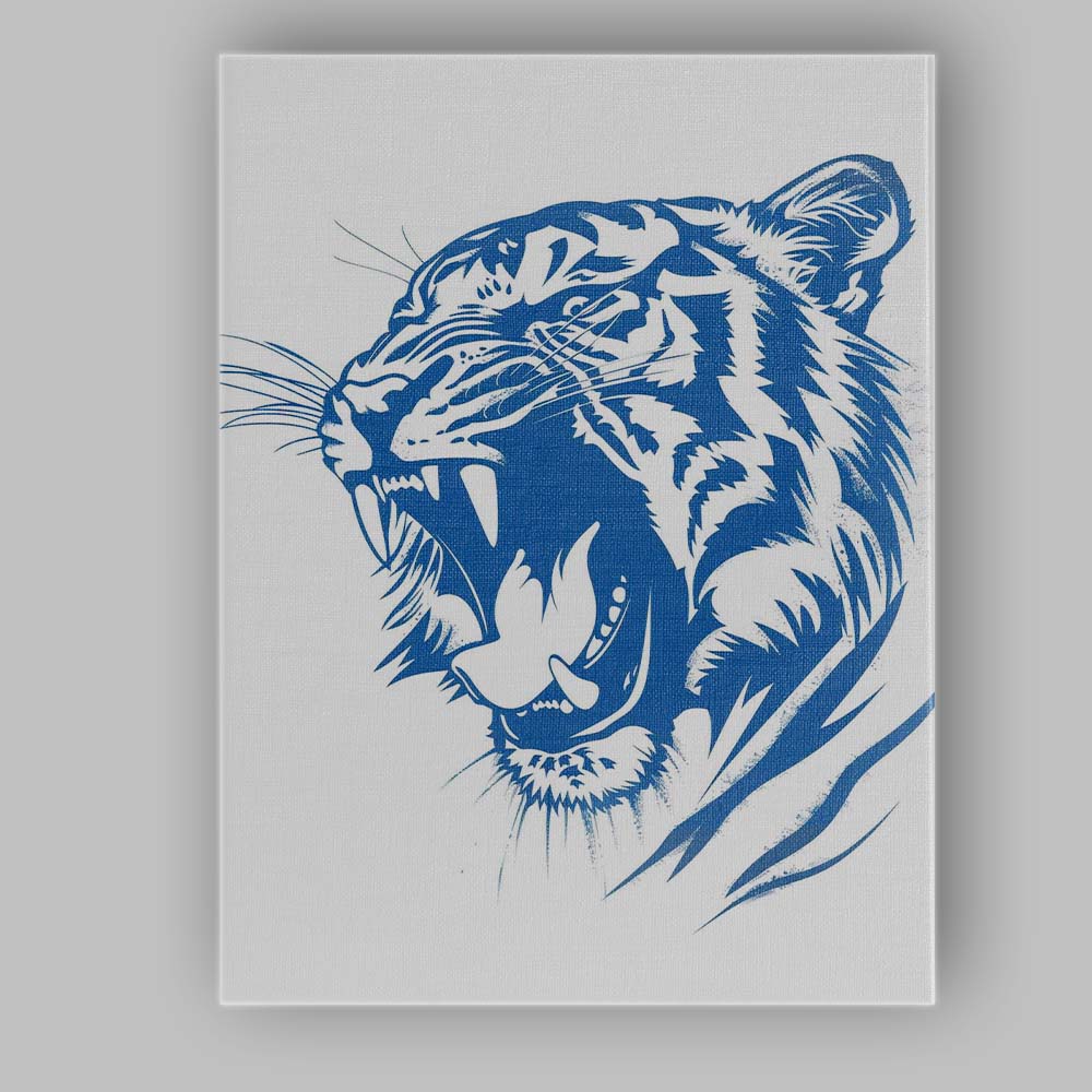 Fierce Roaring Tiger Head Blue Line Art Illustration Canvas Wall Art Print Decor Picture Ready to Hang