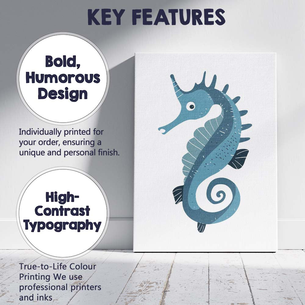 Cute Blue Seahorse Ocean Creature Illustration Canvas Wall Art Print Decor Picture Ready to Hang