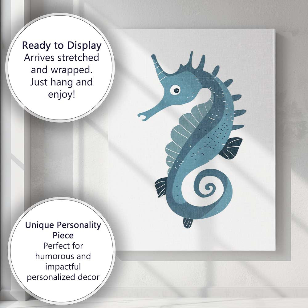 Cute Blue Seahorse Ocean Creature Illustration Canvas Wall Art Print Decor Picture Ready to Hang