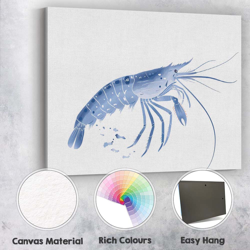 Blue Prawn Seafood Marine Life Illustration Canvas Wall Art Print Decor Picture Ready to Hang