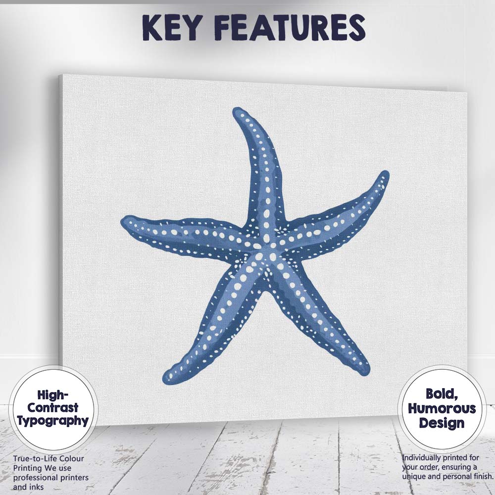 Navy Blue Spotted Starfish Ocean Life Illustration Canvas Wall Art Print Decor Picture Ready to Hang