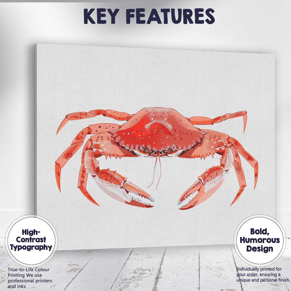 Detailed Red Brown Edible Crab Marine Wildlife Illustration Canvas Wall Art Print Decor Picture Ready to Hang