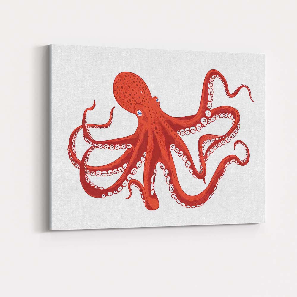 Detailed Red Giant Octopus Ocean Creature Illustration Canvas Wall Art Print Decor Picture Ready to Hang