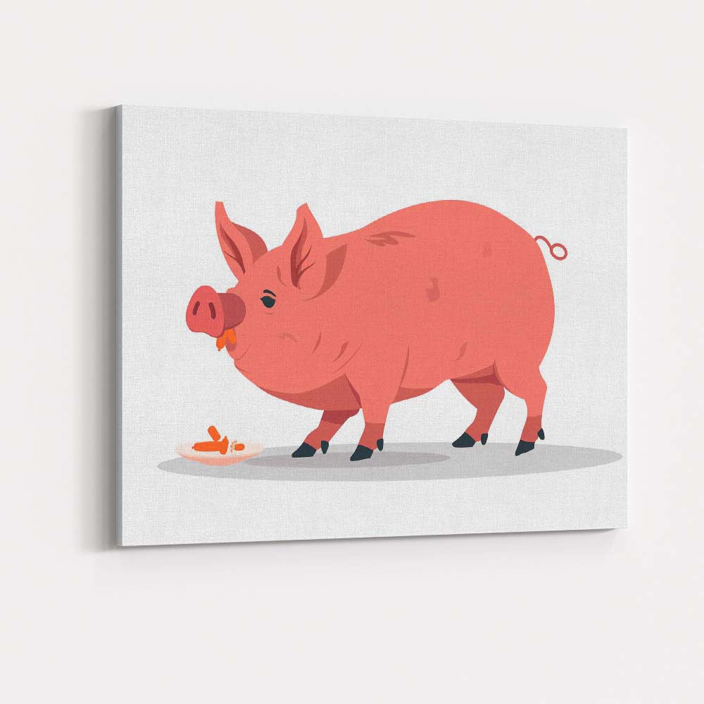 Cute Pink Farm Pig Eating Carrots Illustration Canvas Wall Art Print Decor Picture Ready to Hang