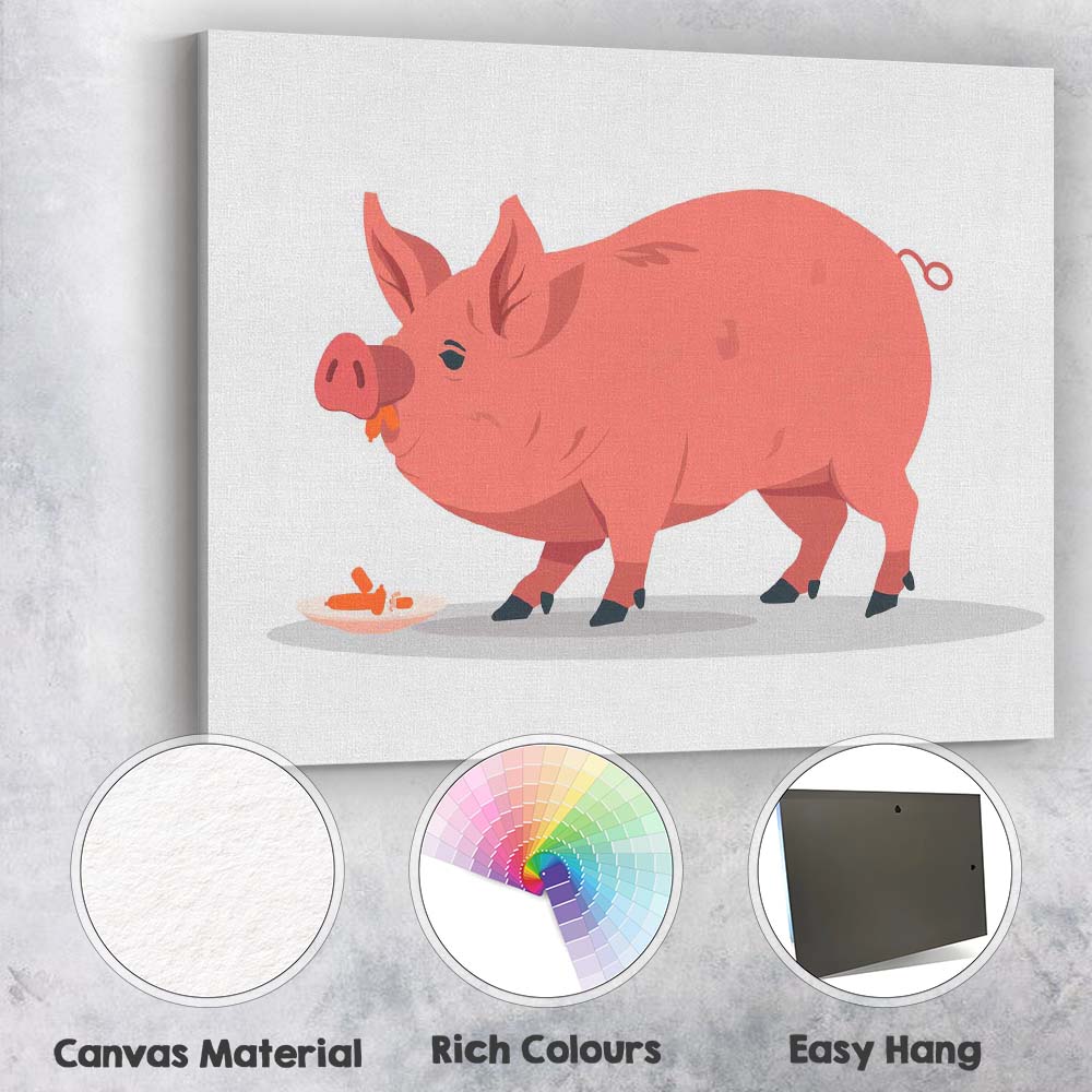Cute Pink Farm Pig Eating Carrots Illustration Canvas Wall Art Print Decor Picture Ready to Hang