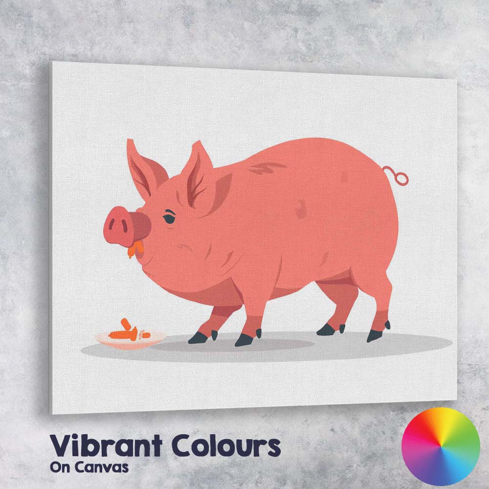 Cute Pink Farm Pig Eating Carrots Illustration Canvas Wall Art Print Decor Picture Ready to Hang