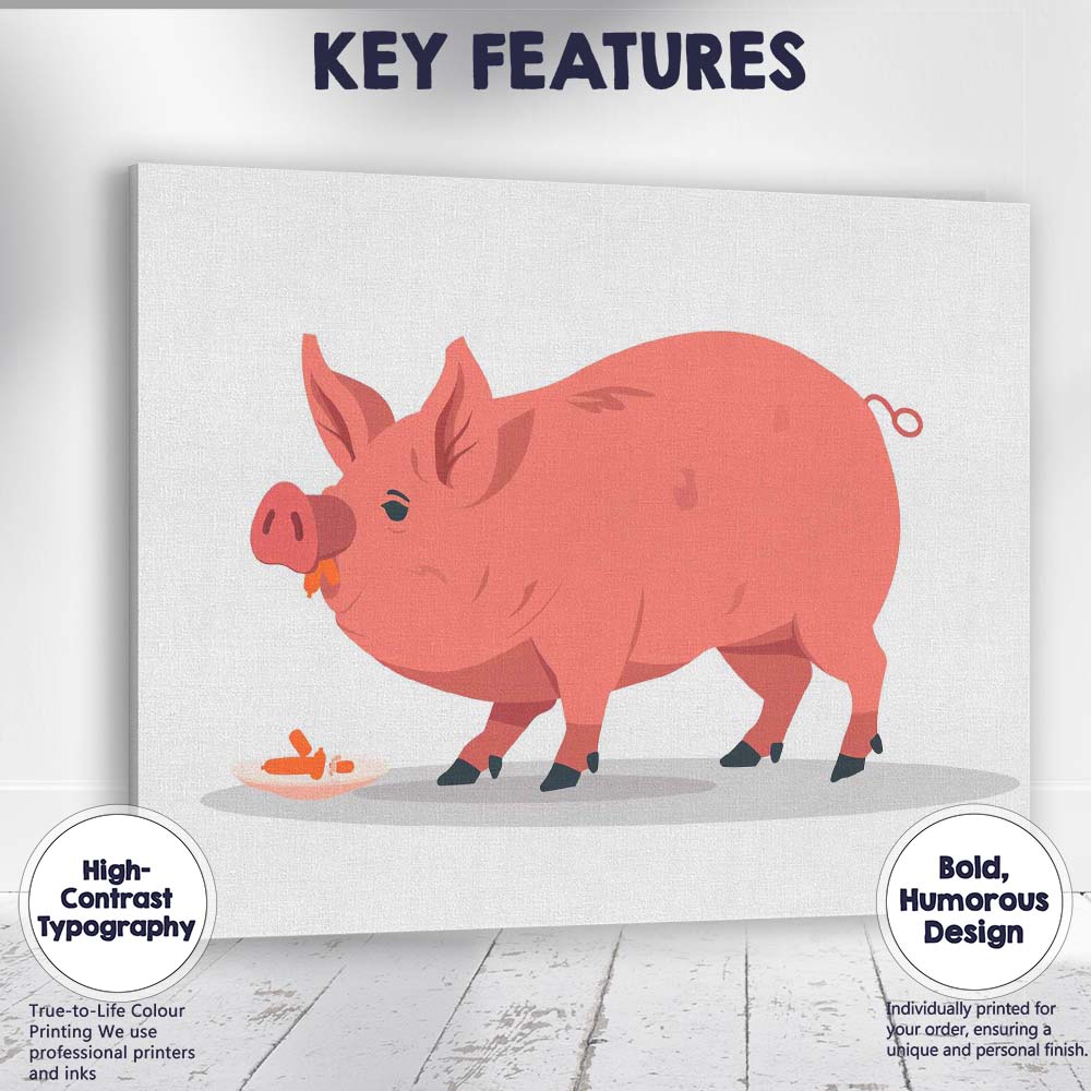 Cute Pink Farm Pig Eating Carrots Illustration Canvas Wall Art Print Decor Picture Ready to Hang