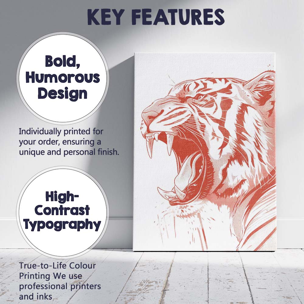 Roaring Tiger Head Detailed Wildlife Illustration Canvas Wall Art Print Decor Picture Ready to Hang