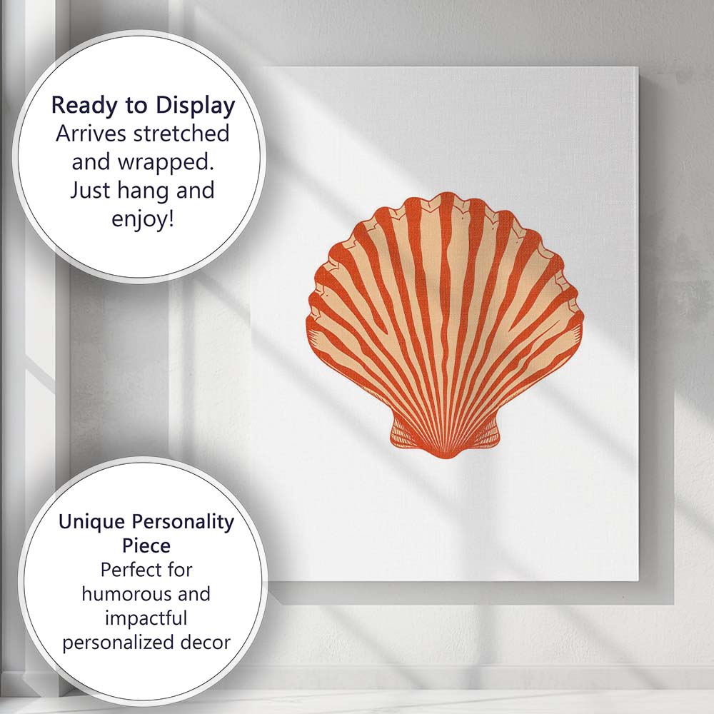 Minimalist Orange Scallop Seashell Coastal Illustration Canvas Wall Art Print Decor Picture Ready to Hang