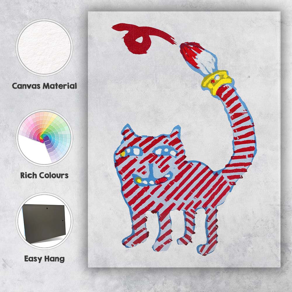 Whimsical Striped Cat Holding Paintbrush Illustration Canvas Wall Art Print Decor Picture Ready to Hang