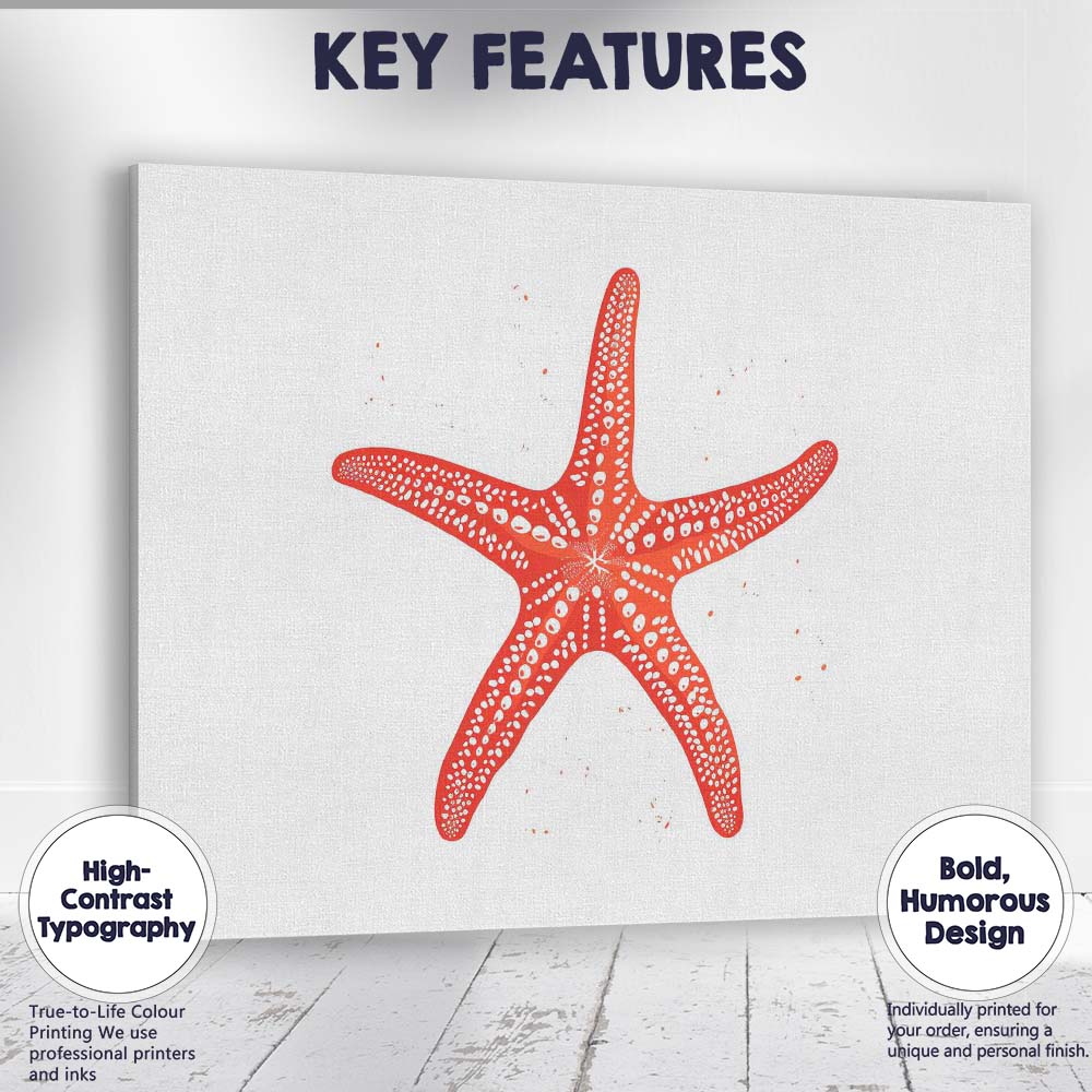 Rustic Coral Orange Decorative Starfish Coastal Illustration Canvas Wall Art Print Decor Picture Ready to Hang