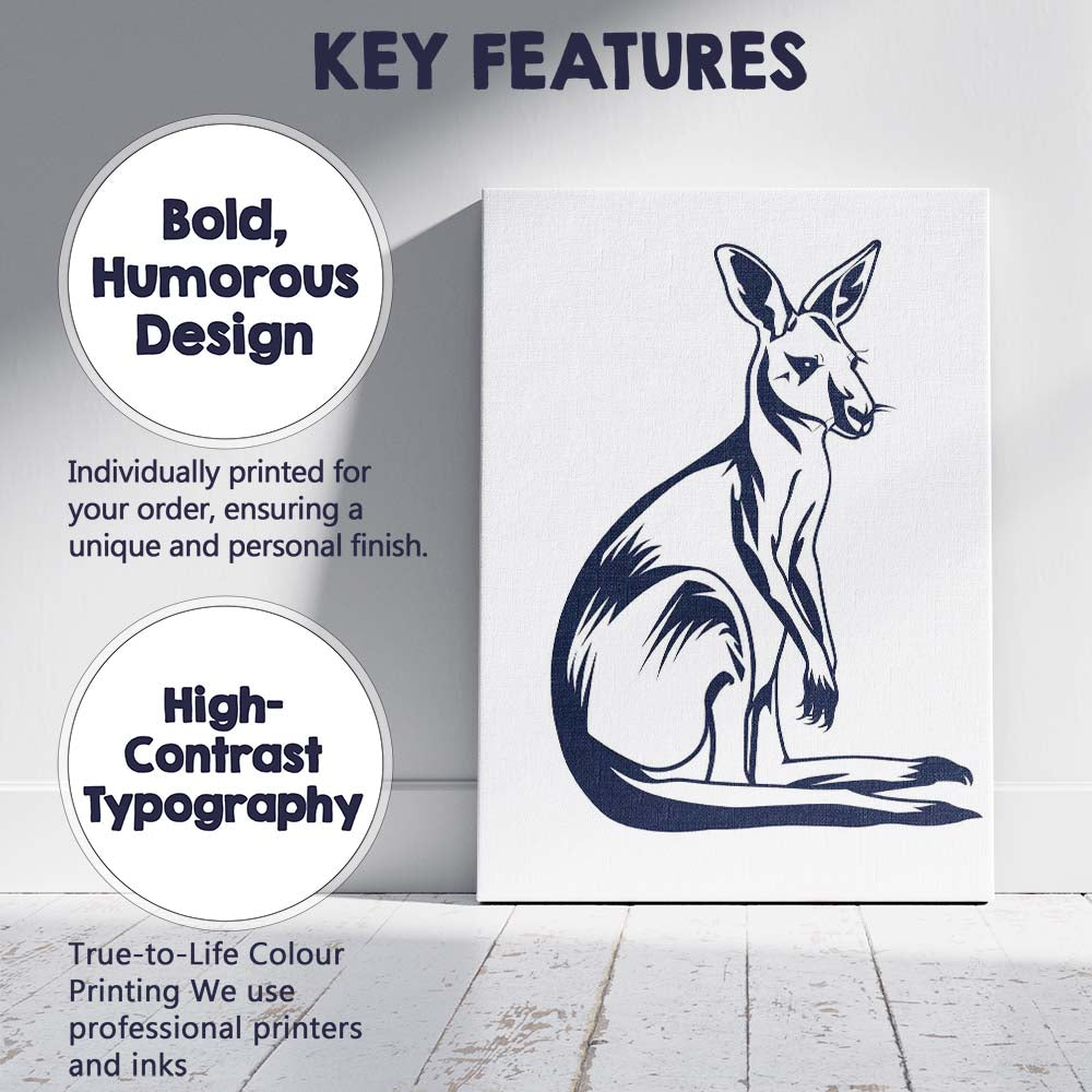 Navy Blue Kangaroo Wildlife Line Art Illustration Canvas Wall Art Print Decor Picture Ready to Hang