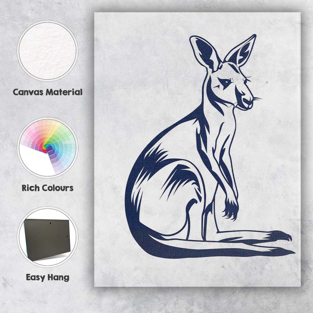 Navy Blue Kangaroo Wildlife Line Art Illustration Canvas Wall Art Print Decor Picture Ready to Hang