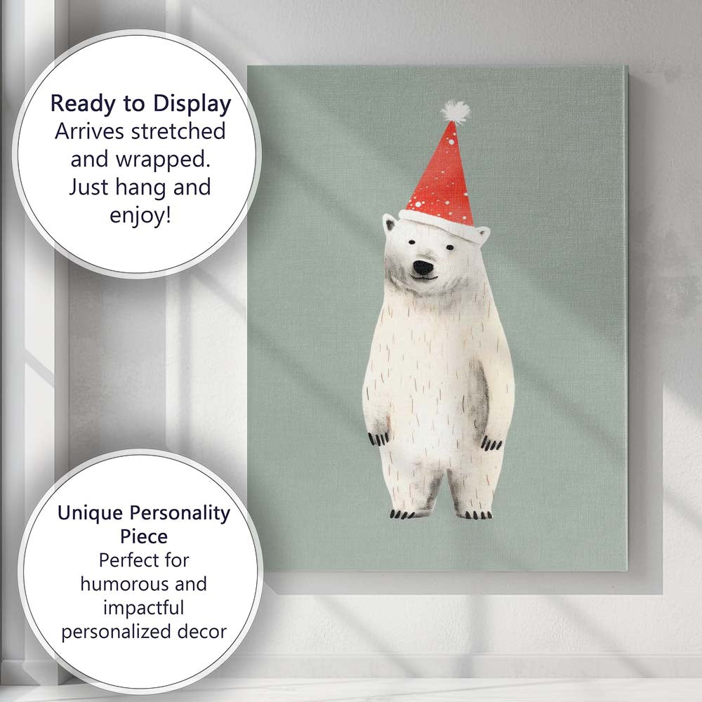Cute Polar Bear Wearing Red Christmas Hat Illustration Canvas Wall Art Print Decor Picture Ready to Hang