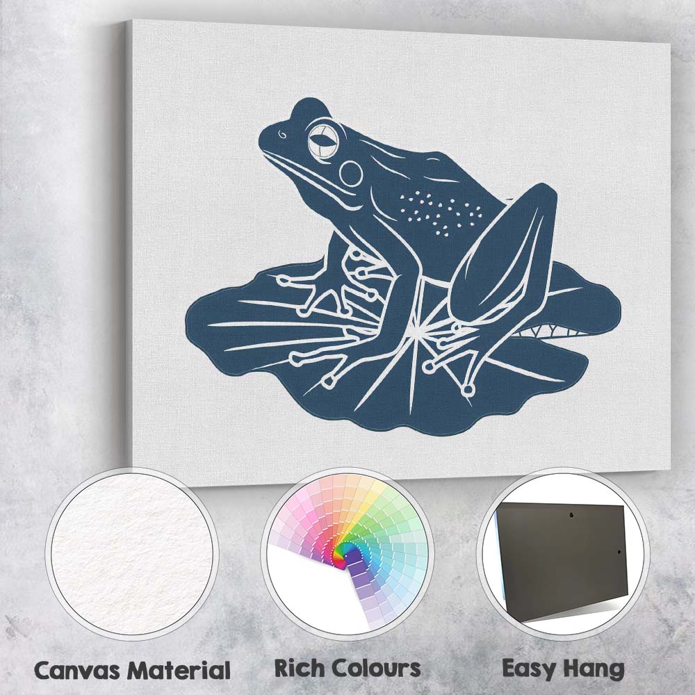 Detailed Blue Frog Sitting on Lily Pad Nature Illustration Canvas Wall Art Print Decor Picture Ready to Hang