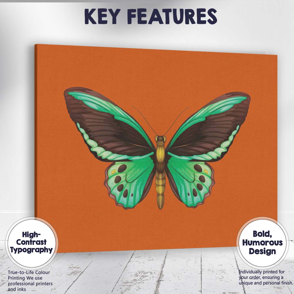 Vibrant Green Tropical Butterfly Botanical Illustration Canvas Wall Art Print Decor Picture Ready to Hang