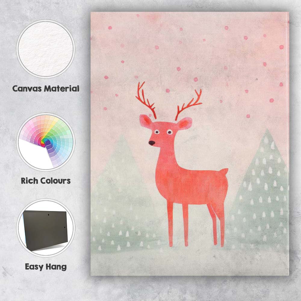 Pastel Pink Deer Woodland Nursery Watercolour Illustration Canvas Wall Art Print Decor Picture Ready to Hang