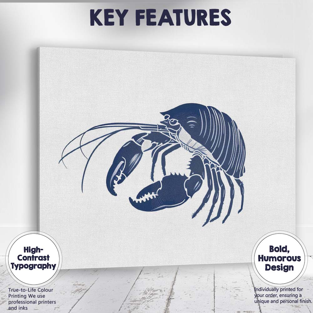 Minimalist Navy Blue Lobster Seafood Illustration Canvas Wall Art Print Decor Picture Ready to Hang