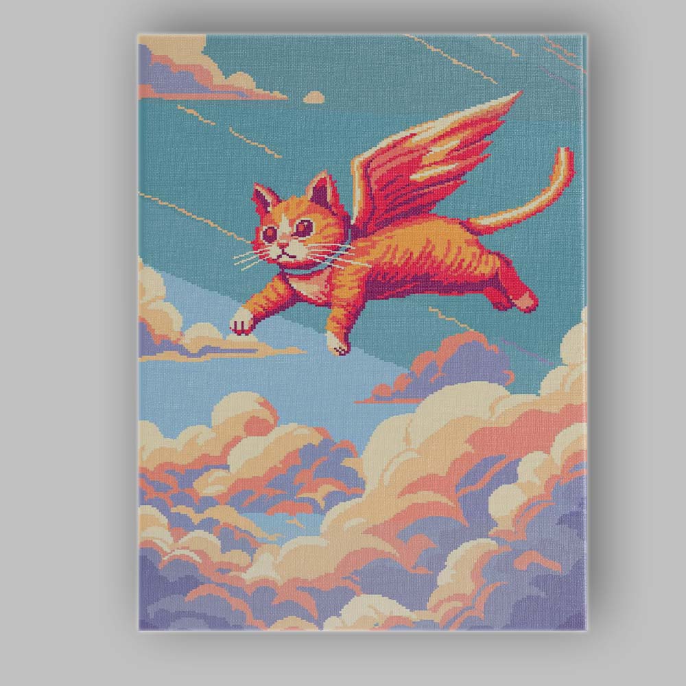 Retro Pixel Art Flying Winged Ginger Cat Fantasy Canvas Wall Art Print Decor Picture Ready to Hang