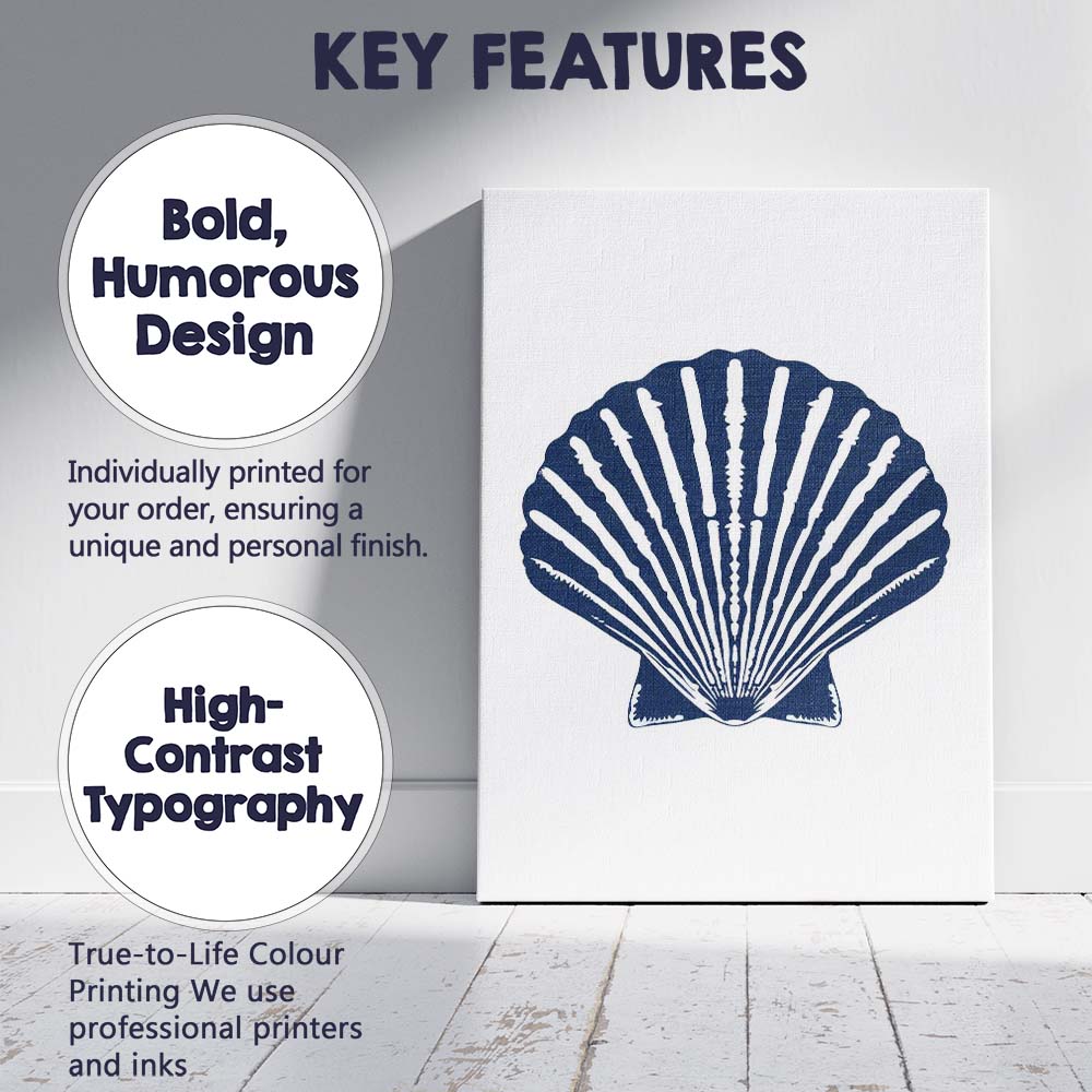Minimalist Navy Blue Scallop Seashell Coastal Illustration Canvas Wall Art Print Decor Picture Ready to Hang