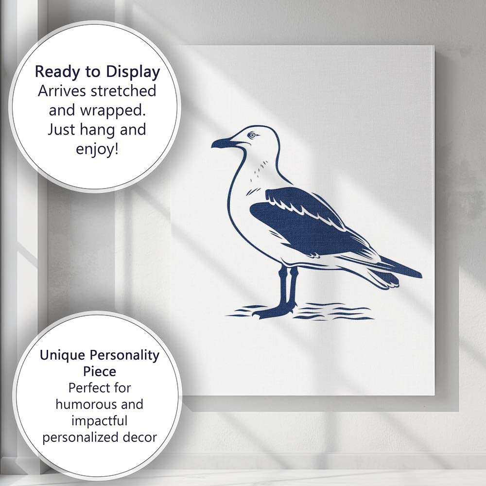Minimalist Navy Blue Standing Seagull Coastal Bird Illustration Canvas Wall Art Print Decor Picture Ready to Hang