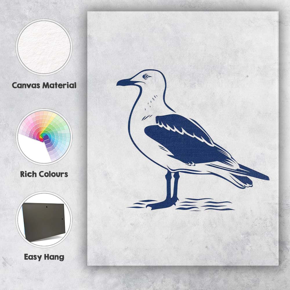 Minimalist Navy Blue Standing Seagull Coastal Bird Illustration Canvas Wall Art Print Decor Picture Ready to Hang