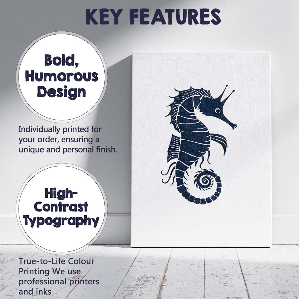 Detailed Navy Blue Seahorse Marine Life Illustration Canvas Wall Art Print Decor Picture Ready to Hang