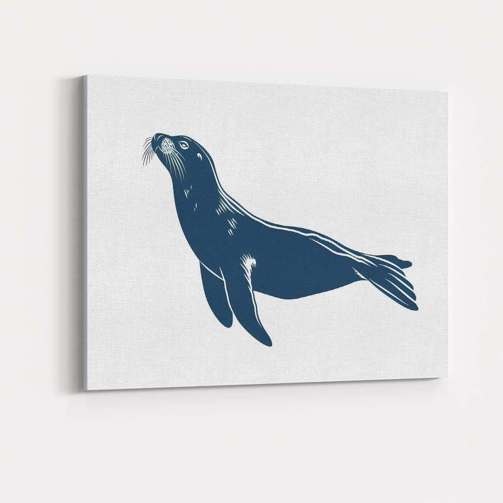 Navy Blue Sea Lion Coastal Wildlife Illustration Canvas Wall Art Print Decor Picture Ready to Hang