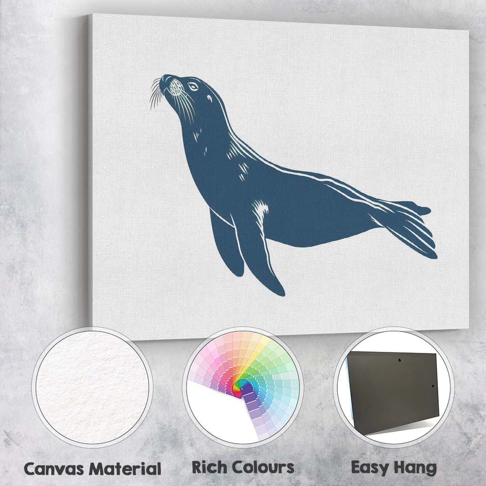 Navy Blue Sea Lion Coastal Wildlife Illustration Canvas Wall Art Print Decor Picture Ready to Hang
