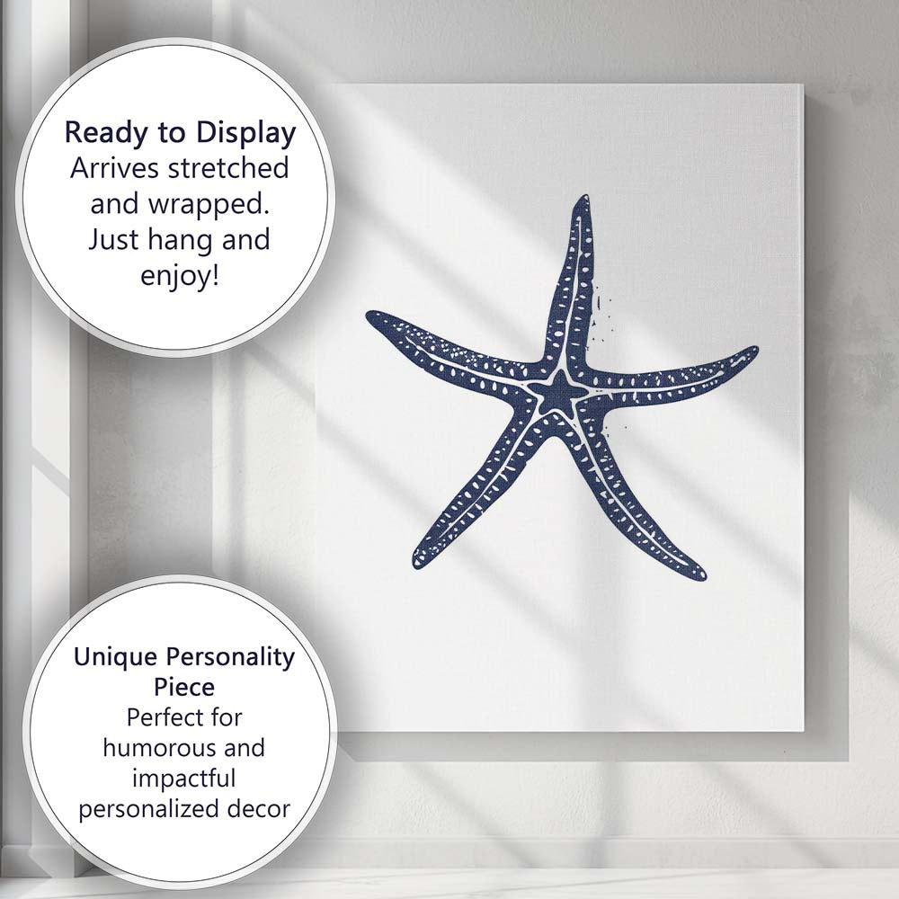 Detailed Blue Sea Star Coastal Nautical Illustration Canvas Wall Art Print Decor Picture Ready to Hang