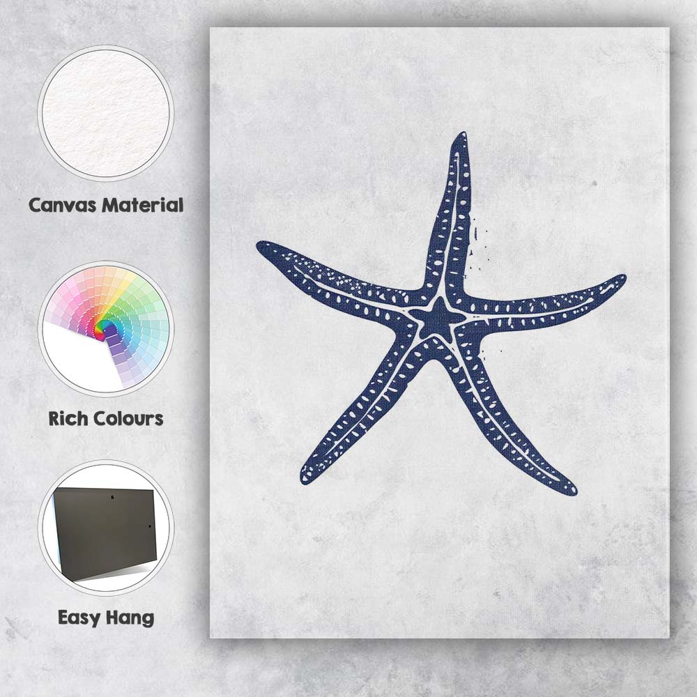 Detailed Blue Sea Star Coastal Nautical Illustration Canvas Wall Art Print Decor Picture Ready to Hang