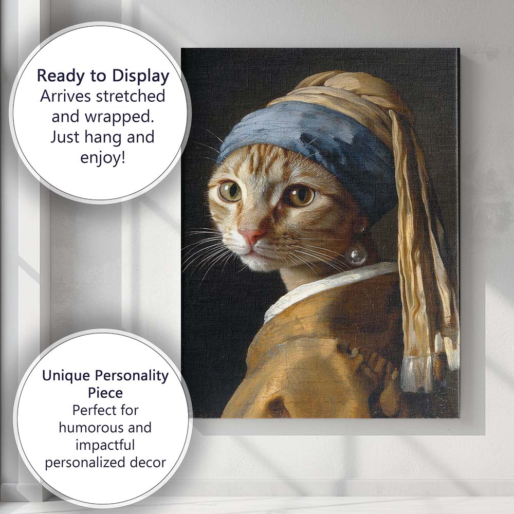 Girl With Pearl Earring Style Ginger Tabby Cat Portrait Canvas Wall Art Print Decor Picture Ready to Hang