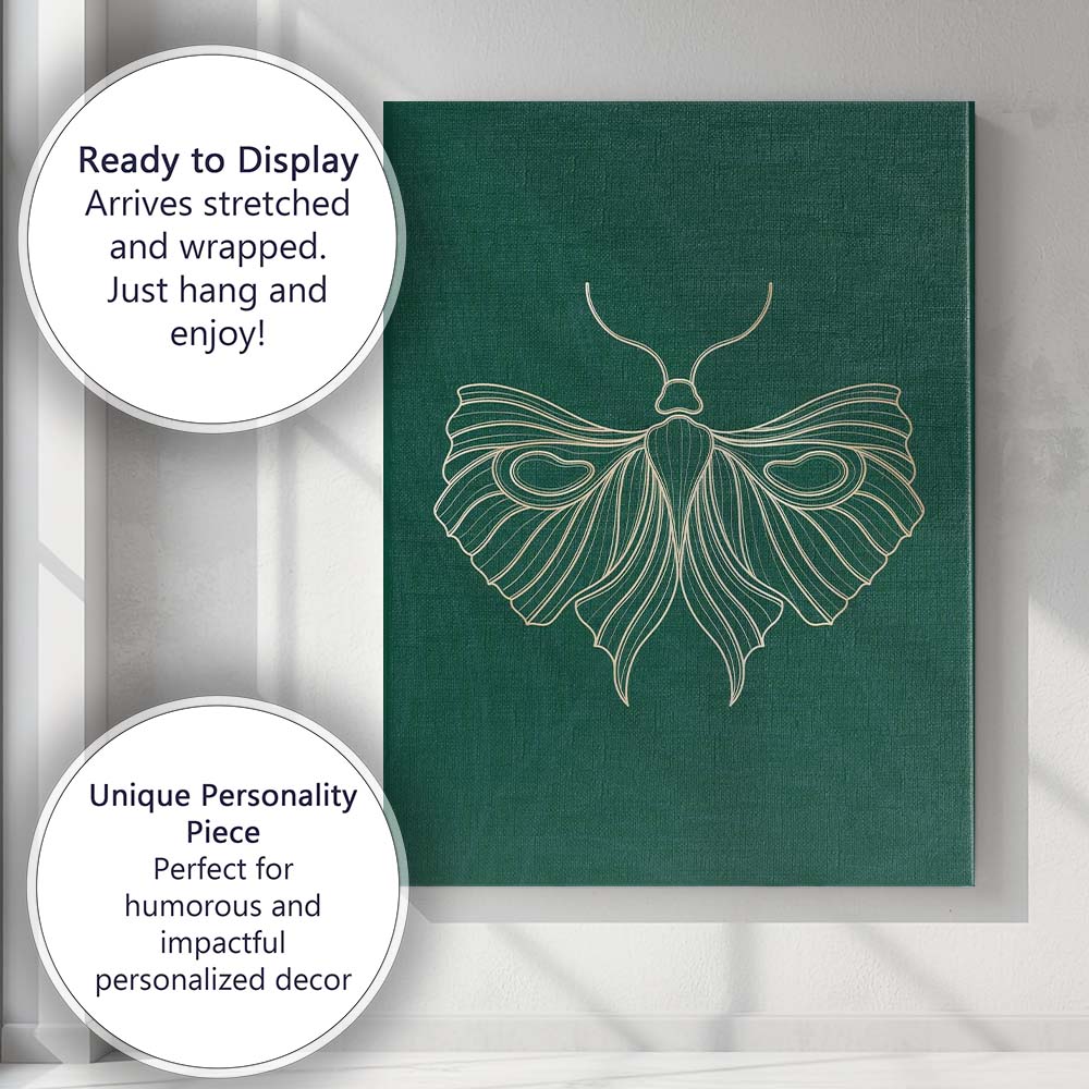 Elegant Gold Line Butterfly Botanical Illustration Dark Green Canvas Wall Art Print Decor Picture Ready to Hang