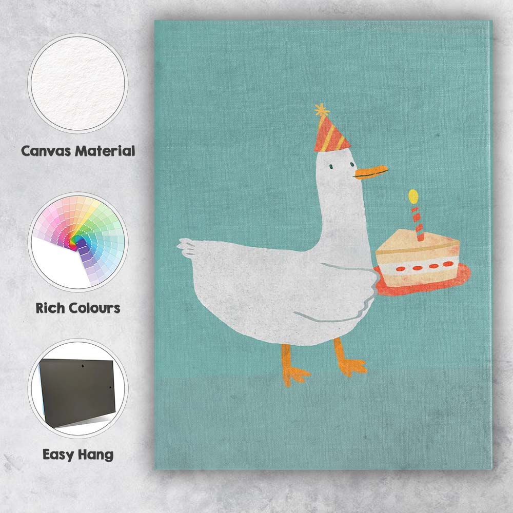 Cute Birthday Goose With Cake Whimsical Animal Illustration Canvas Wall Art Print Decor Picture Ready to Hang