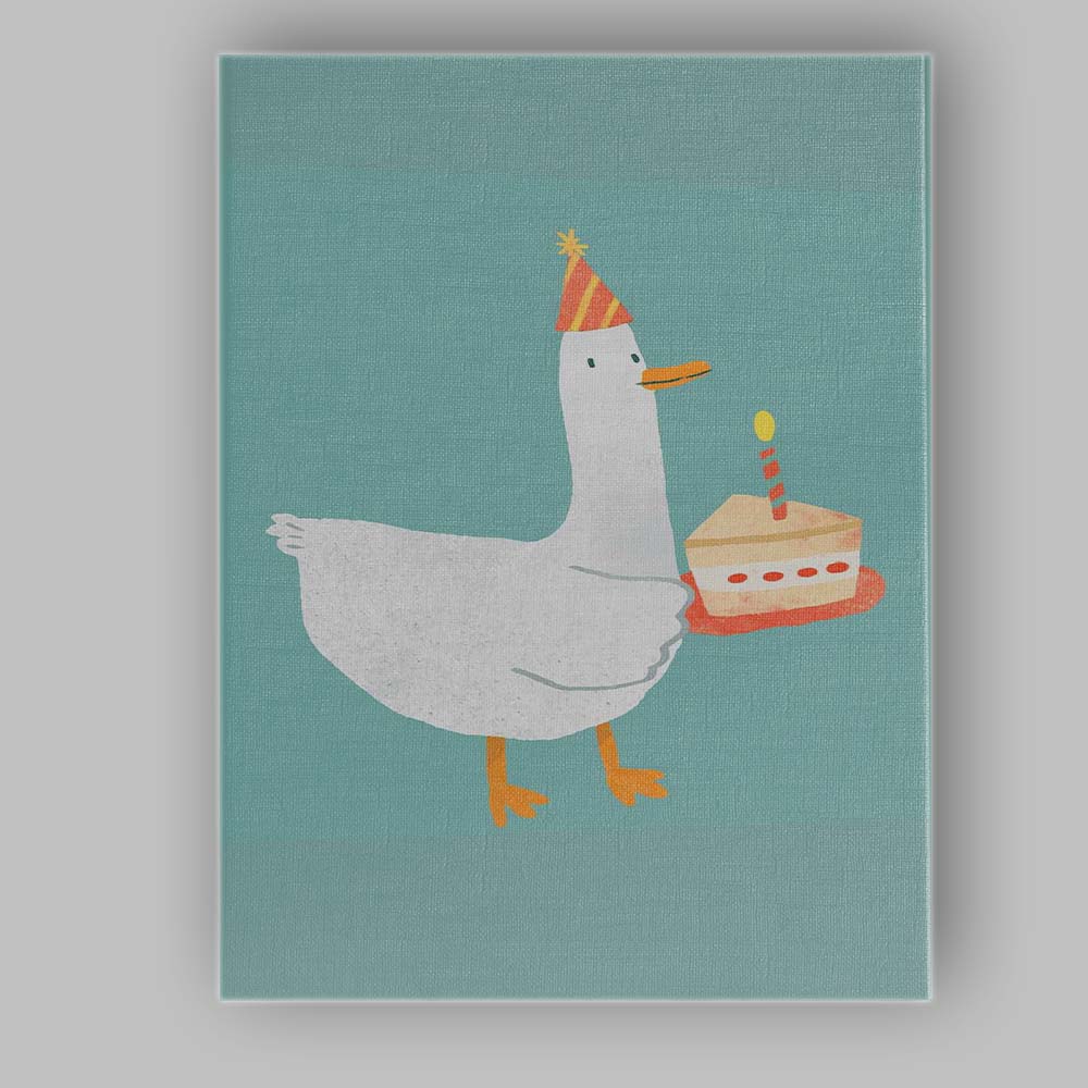 Cute Birthday Goose With Cake Whimsical Animal Illustration Canvas Wall Art Print Decor Picture Ready to Hang