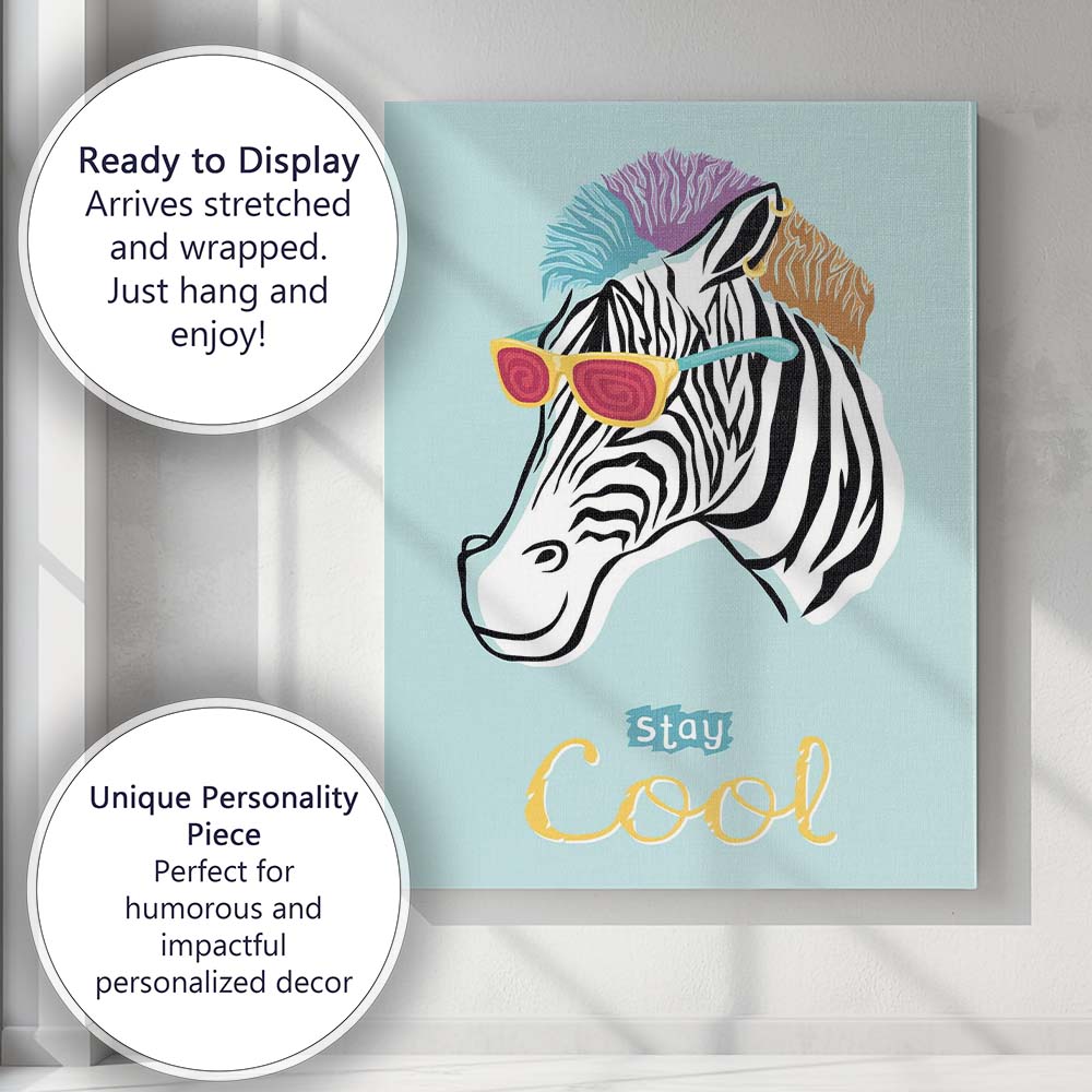 Stay Cool Funky Zebra With Sunglasses Typography Canvas Wall Art Print Decor Picture Ready to Hang