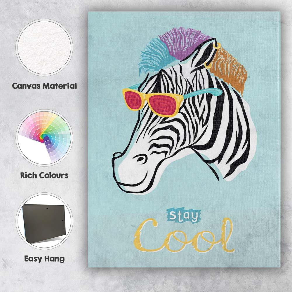 Stay Cool Funky Zebra With Sunglasses Typography Canvas Wall Art Print Decor Picture Ready to Hang