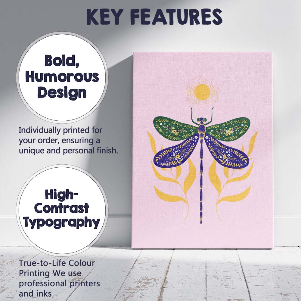 Decorative Floral Dragonfly Folk Art Illustration Canvas Wall Art Print Decor Picture Ready to Hang