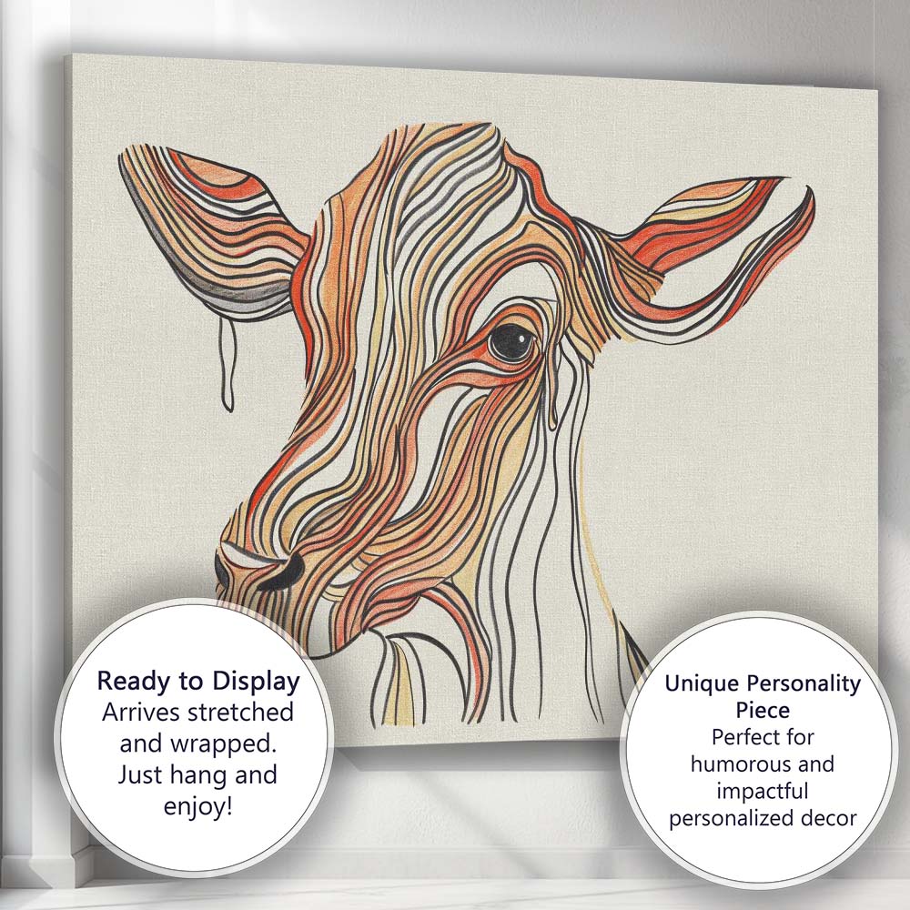 Abstract Flowing Line Art Cow Portrait Minimalist Canvas Wall Art Print Decor Picture Ready to Hang
