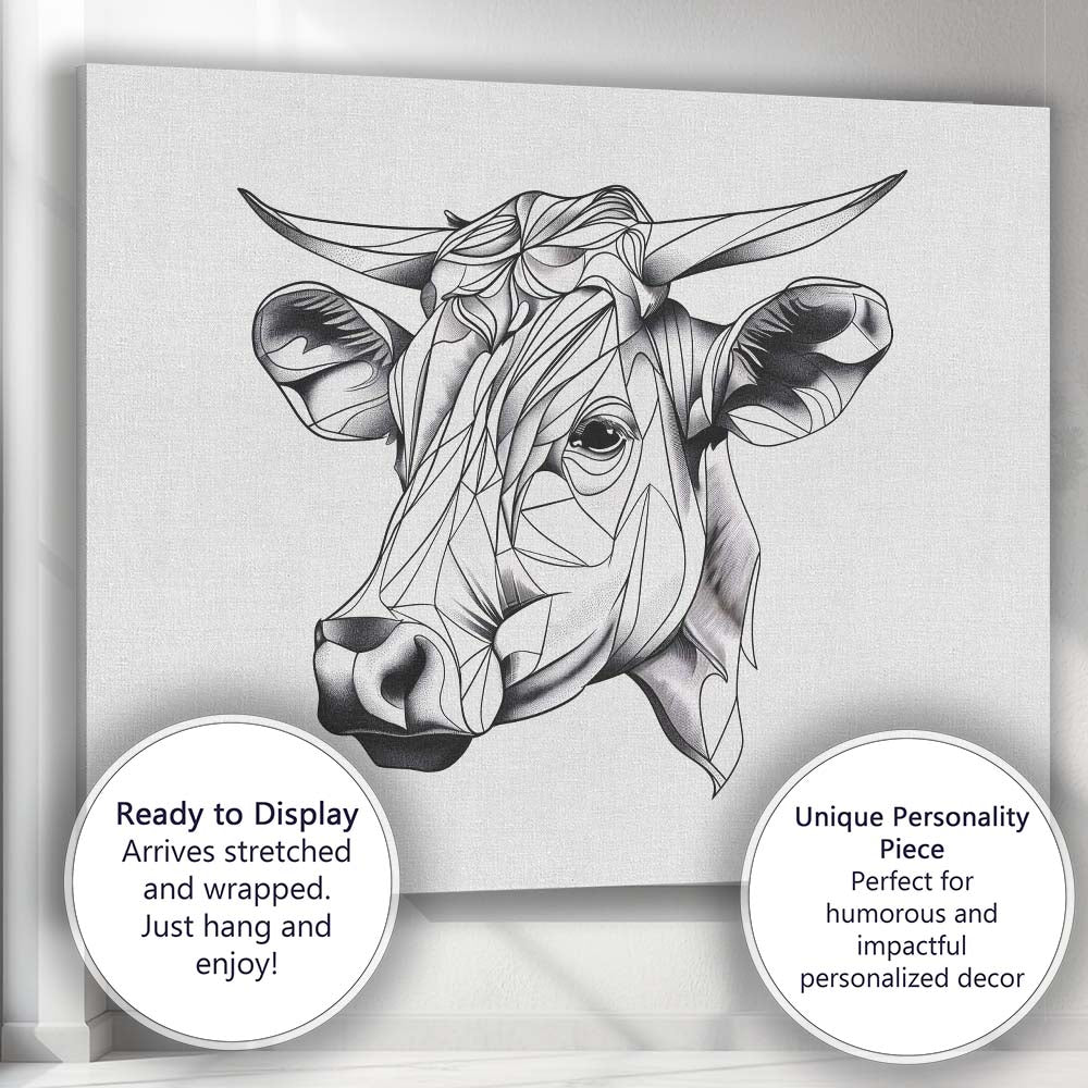 Modern Geometric Highland Cow Portrait Monochrome Canvas Wall Art Print Decor Picture Ready to Hang