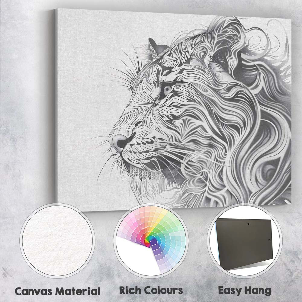 Elegant Flowing Line Lion Portrait Monochrome Wildlife Canvas Wall Art Print Decor Picture Ready to Hang