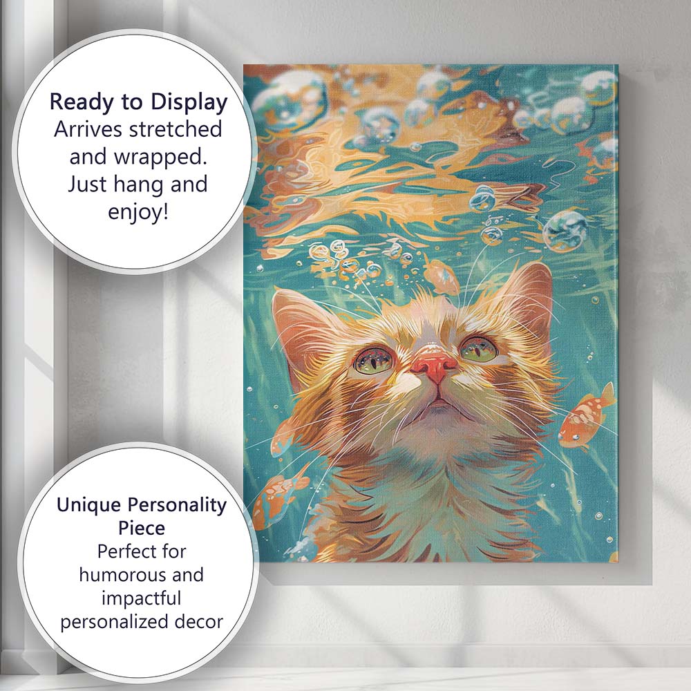 Dreamy Underwater Ginger Cat With Koi Fish Fantasy Canvas Wall Art Print Decor Picture Ready to Hang