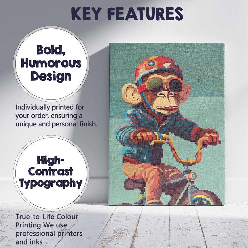 Retro Pixel Art Monkey Cyclist Wearing Helmet Canvas Wall Art Print Decor Picture Ready to Hang