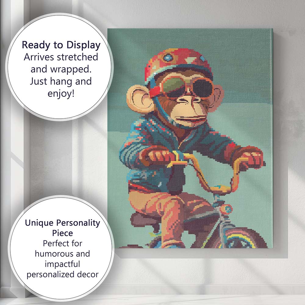 Retro Pixel Art Monkey Cyclist Wearing Helmet Canvas Wall Art Print Decor Picture Ready to Hang