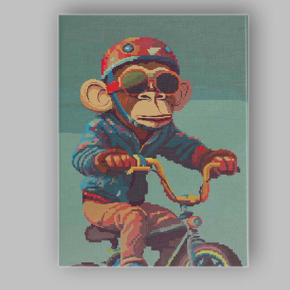 Retro Pixel Art Monkey Cyclist Wearing Helmet Canvas Wall Art Print Decor Picture Ready to Hang