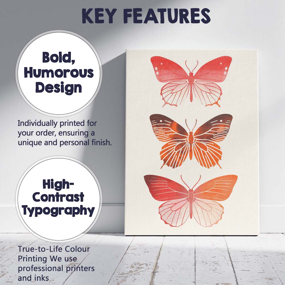 Minimal Coral Butterfly Trio Botanical Illustration Canvas Wall Art Print Decor Picture Ready to Hang