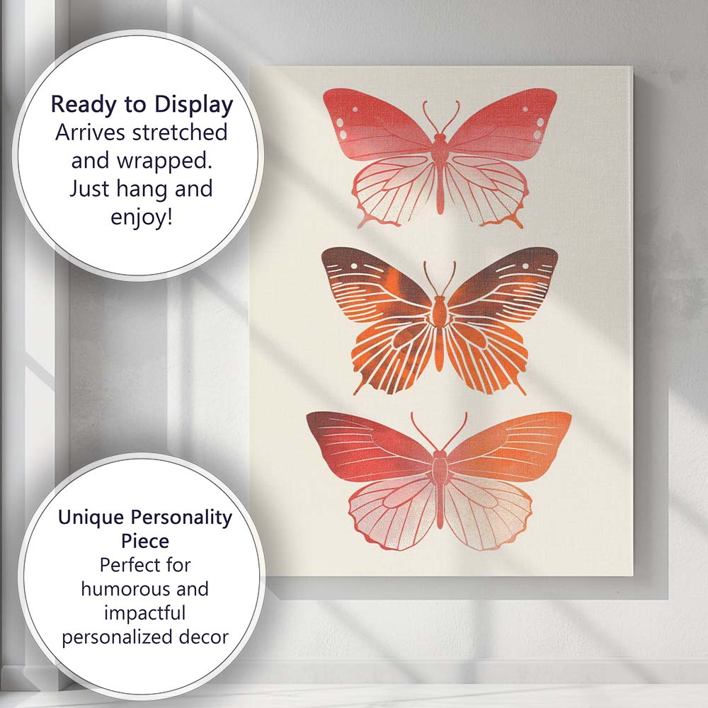 Minimal Coral Butterfly Trio Botanical Illustration Canvas Wall Art Print Decor Picture Ready to Hang