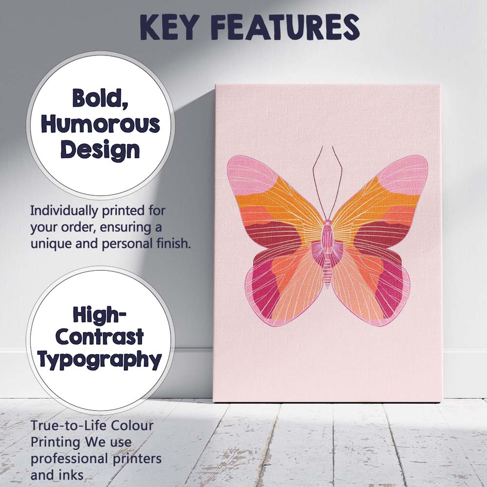 Abstract Pink Orange Geometric Butterfly Illustration Canvas Wall Art Print Decor Picture Ready to Hang