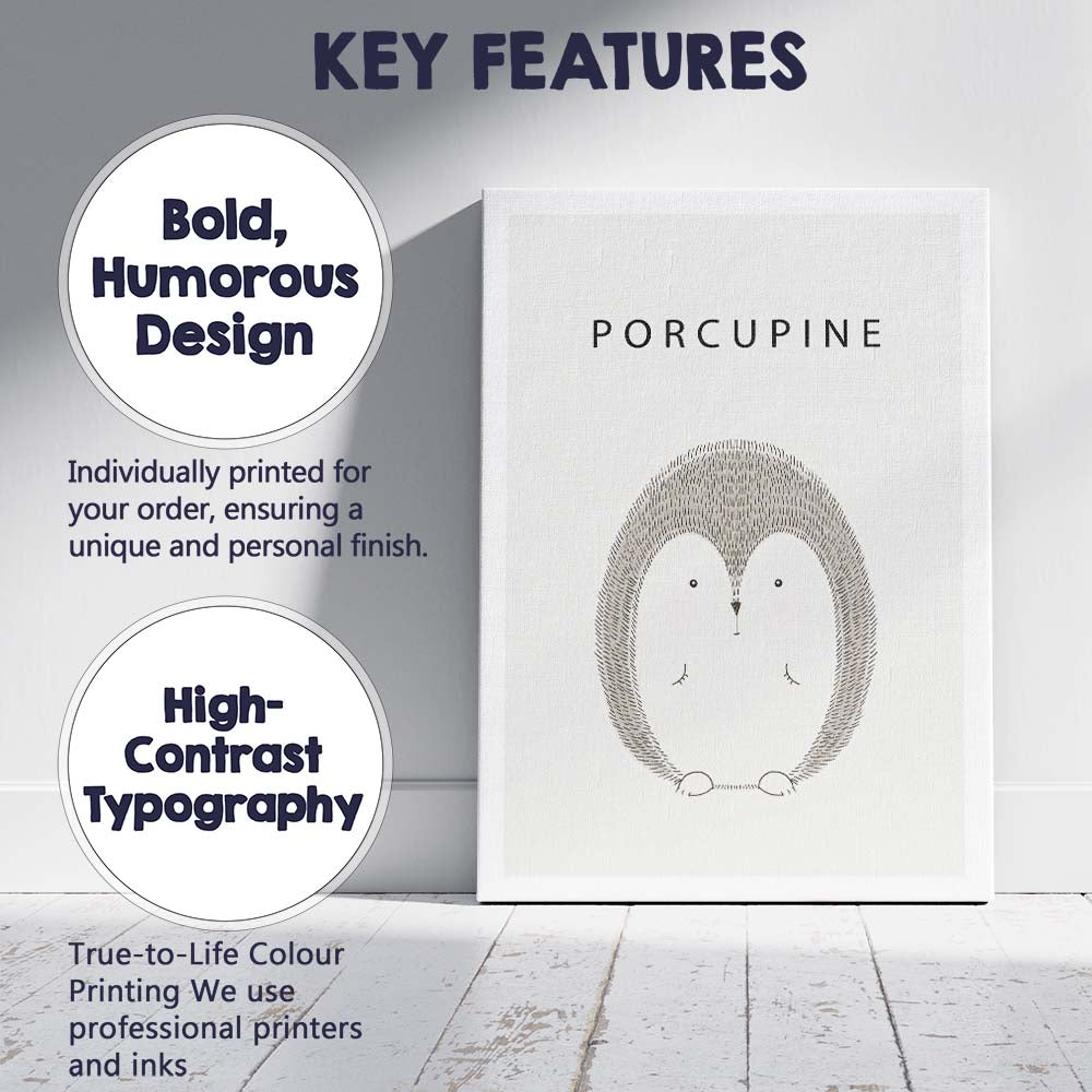 Scandinavian Cute Porcupine Nursery Animal Illustration Canvas Wall Art Print Decor Picture Ready to Hang
