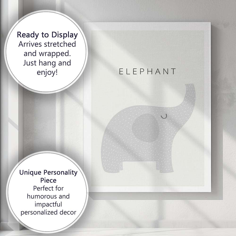 Scandinavian Grey Elephant Nursery Animal Illustration Canvas Wall Art Print Decor Picture Ready to Hang